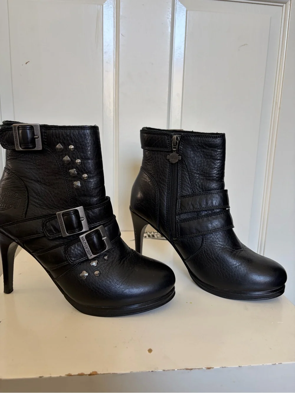 Harley-Davidson Women's Black Leather Buckle Ankle Booties with Stud Accents